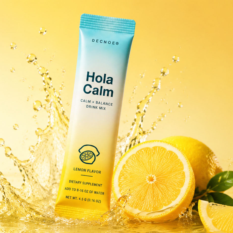 Hola Calm Lemon Flavor pouch with a glass of lemon drink