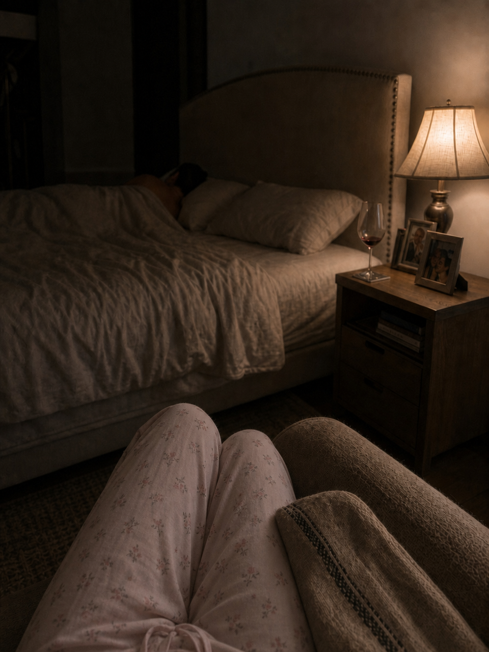Woman awake at night with a wine glass on the bedside table