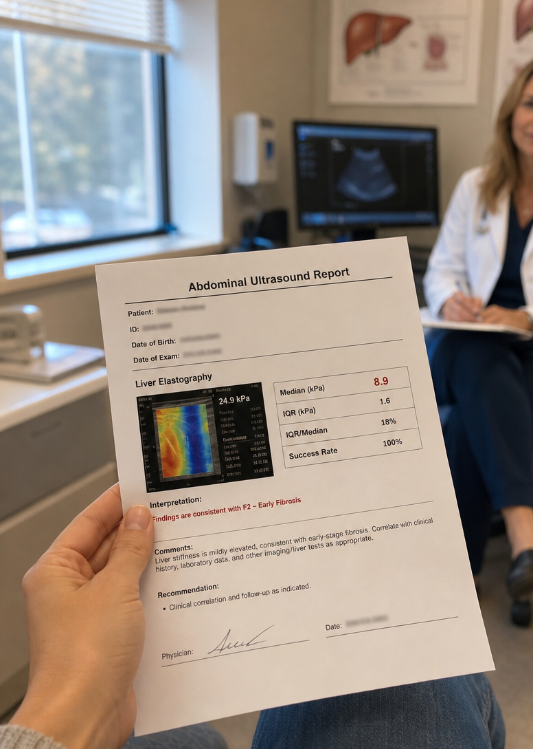 Abdominal ultrasound report in a clinic office