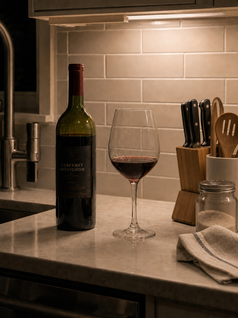 Red wine bottle and a half glass on a kitchen counter