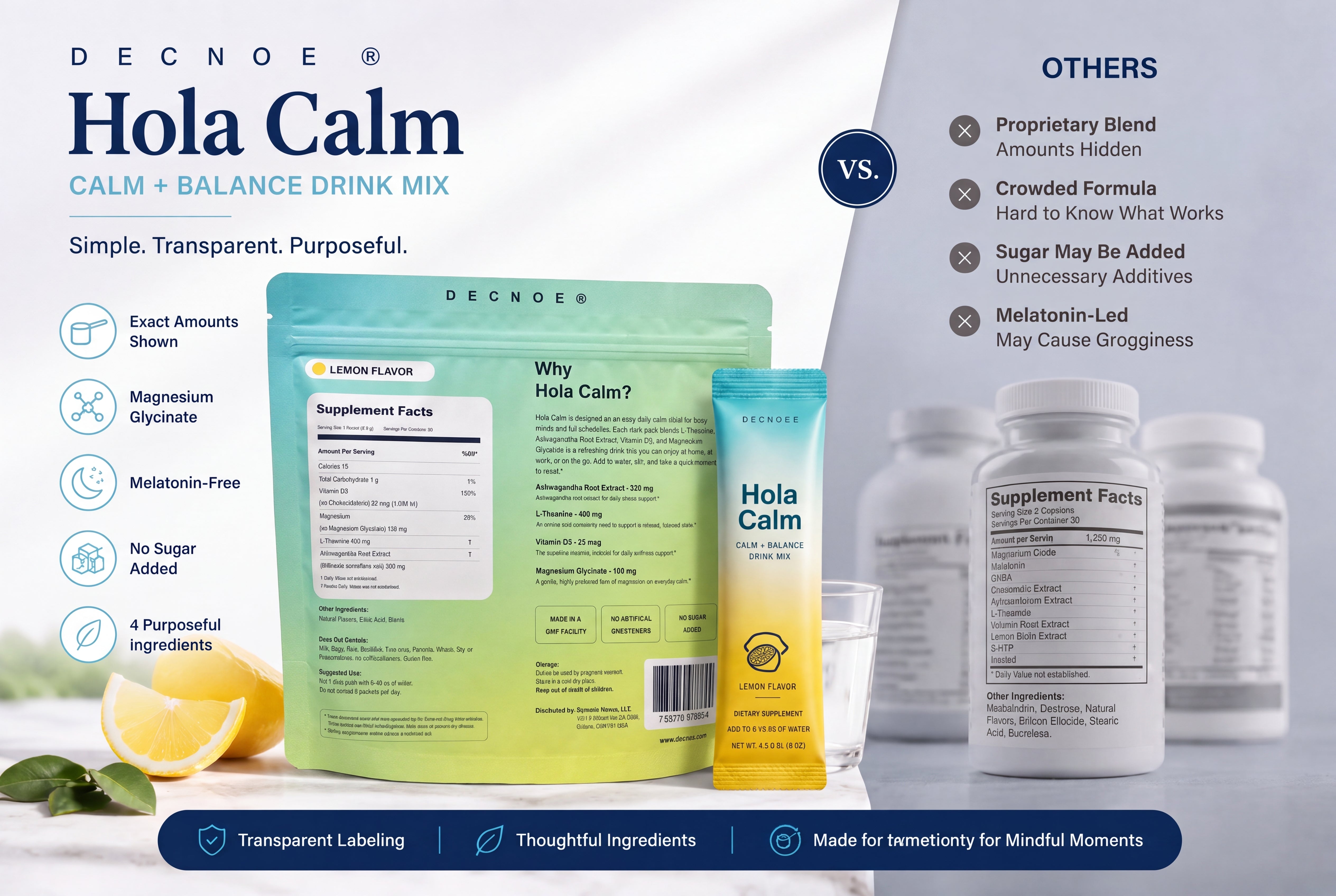 Clear Label vs Mystery Blend comparison showing Hola Calm transparent label and a generic crowded blend alternative