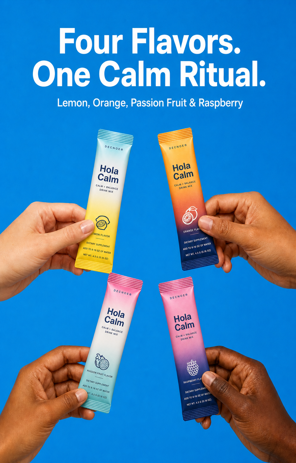 Four people holding the four Hola Calm stick pack flavors