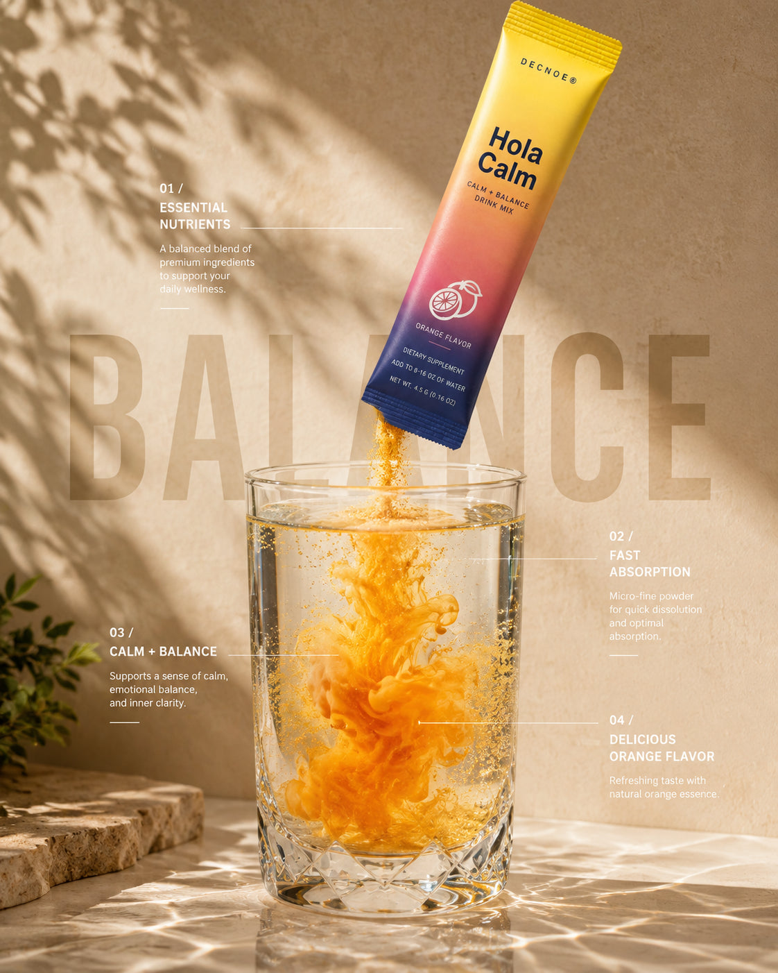 Hola Calm orange drink mix poured into a glass