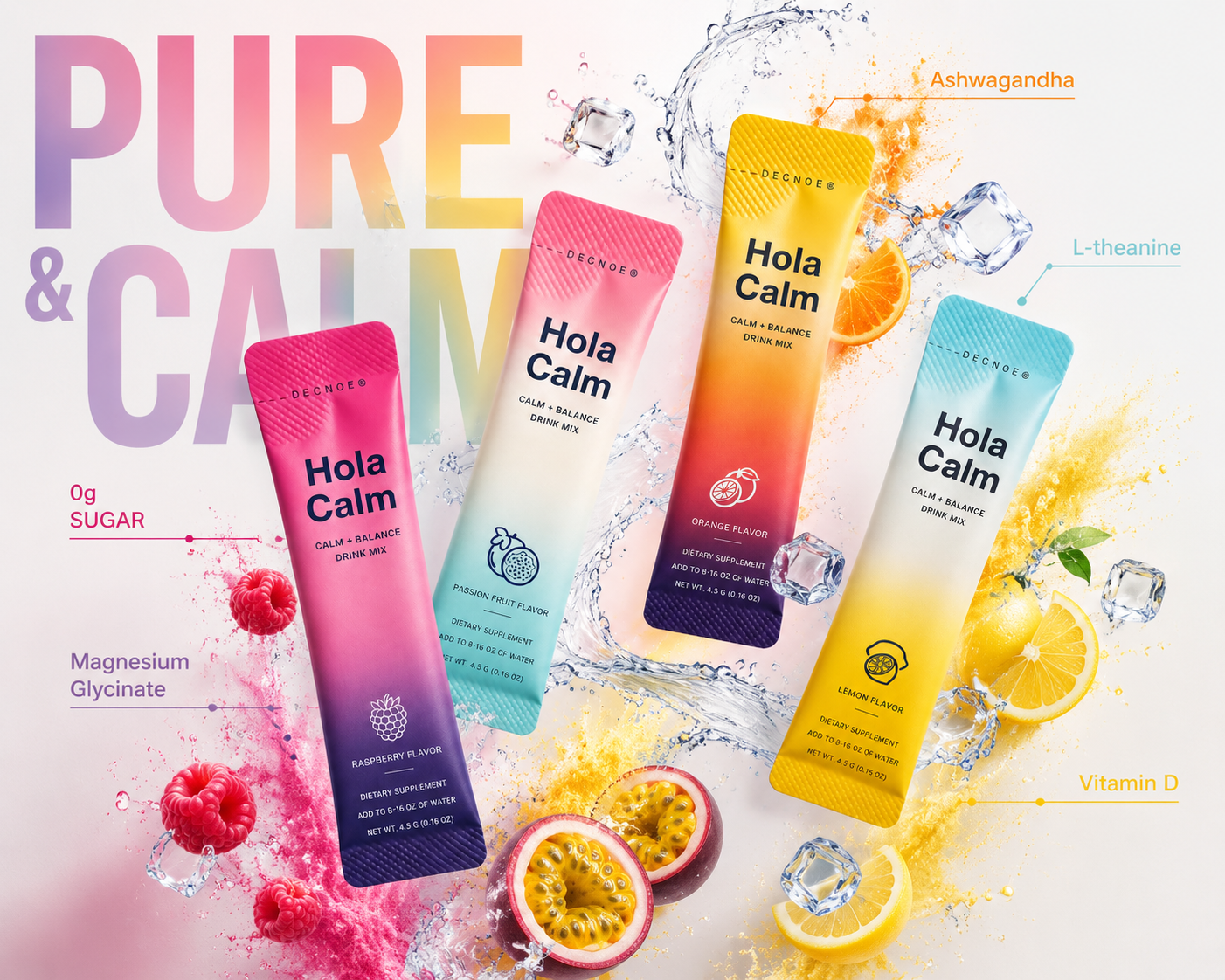 Hola Calm drink mixes with fruit, water, and ingredient callouts