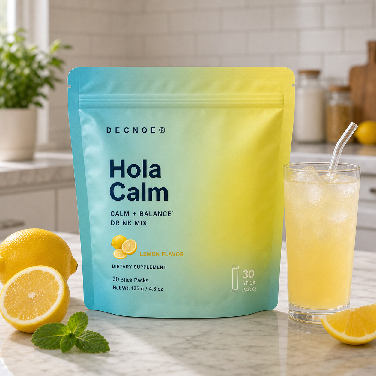 Hola Calm Lemon Flavor pouch with a glass of lemon drink